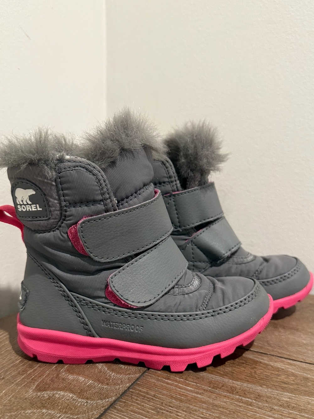 SOREL Kids Whitney II Strap Waterproof Insulated Snow Boots Gray Pink 8 Toddler
